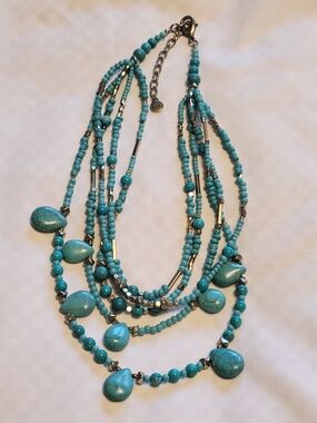 Vtg Bella Jack 5 Multi-Strand Turquoise Bead Statement  Necklace Lobster Closure